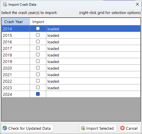 2024 crash data import screen