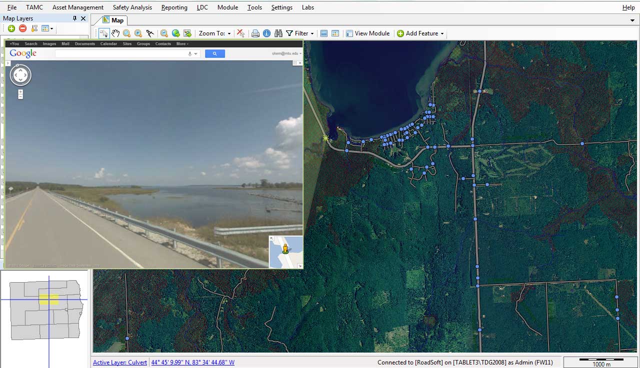 Google Maps displaying a bridge selected in Roadsoft